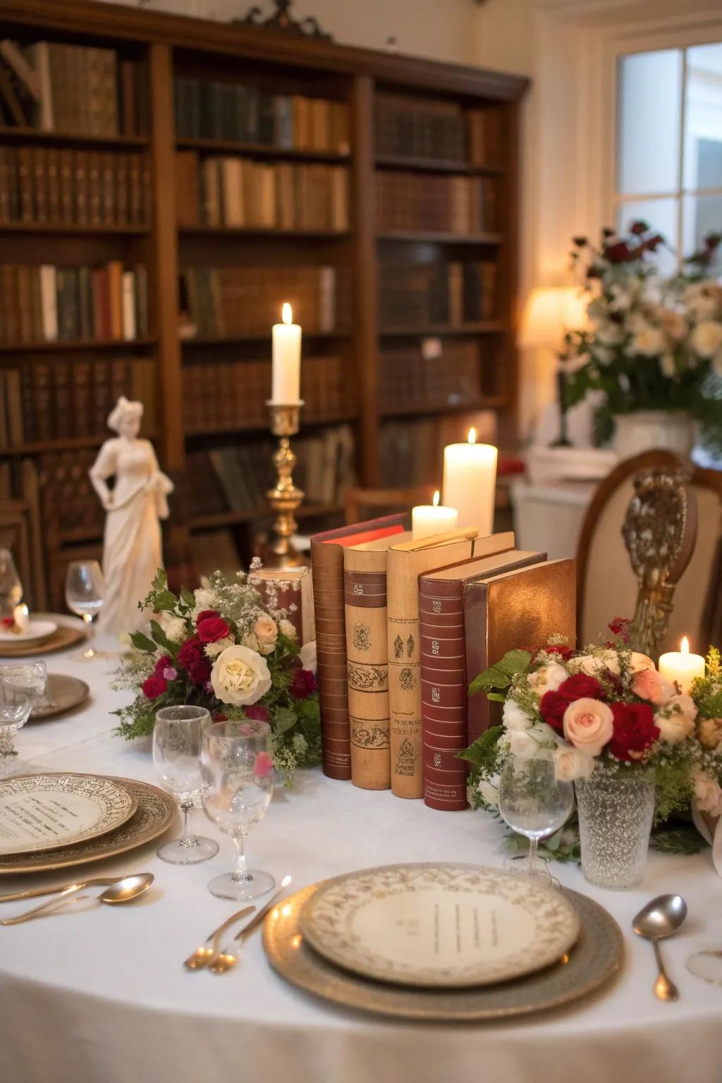 A literary-inspired table arrangement exuding sophistication.