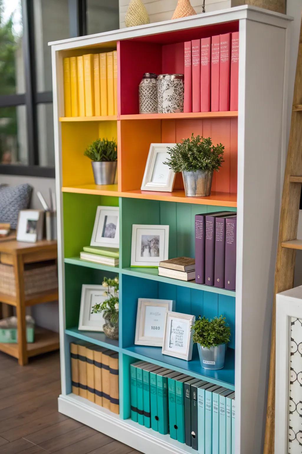 Create a harmonious look with color-coordinated bookcase displays.