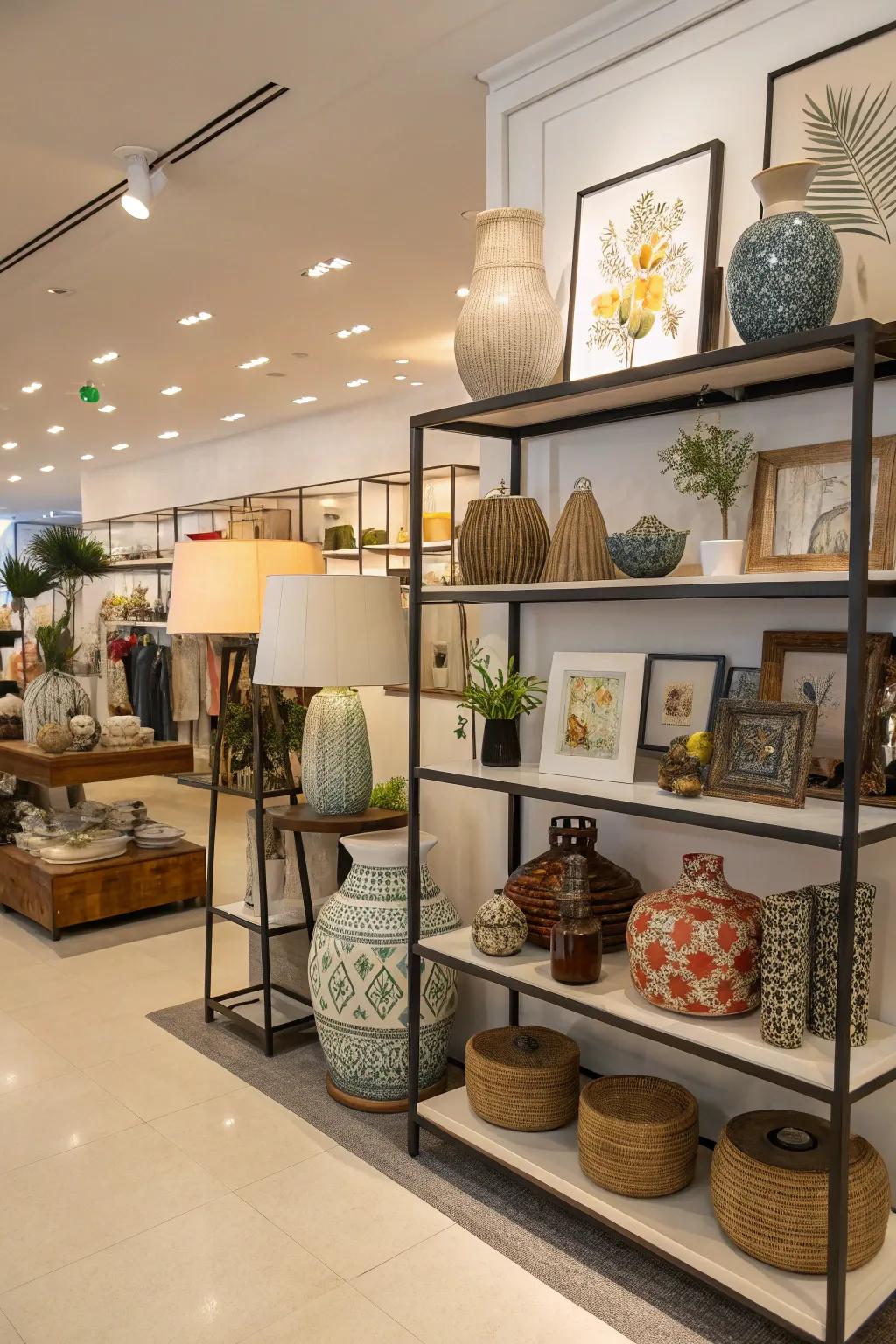 A boutique featuring imaginative display arrangements with specialized shelving to highlight decor elements.