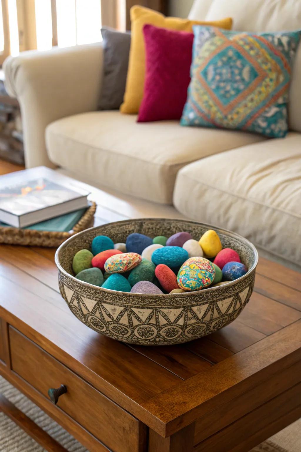 A decorative bowl featuring a collection of painted stones