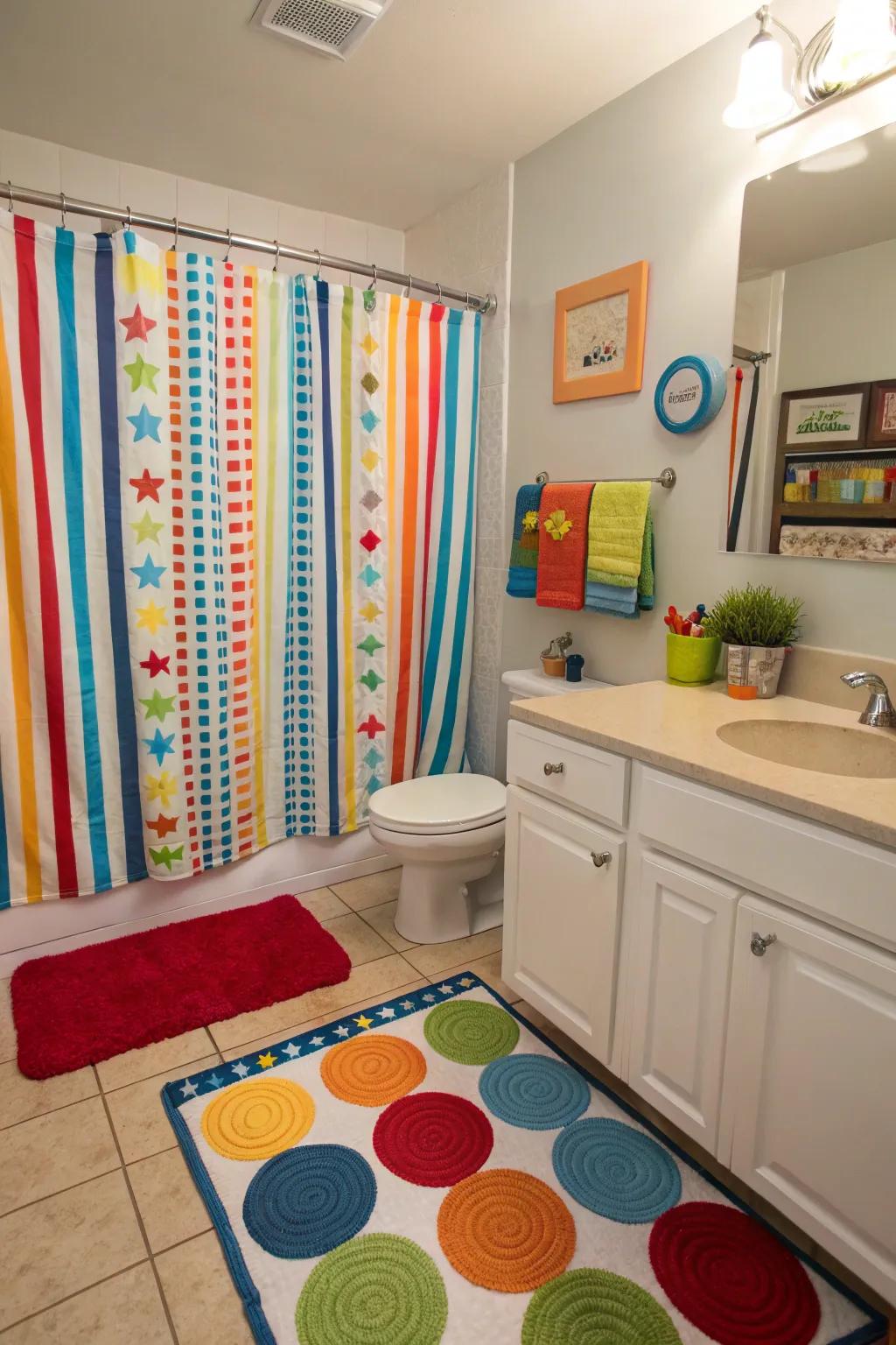 Striped textiles add texture to a boys' bathroom.