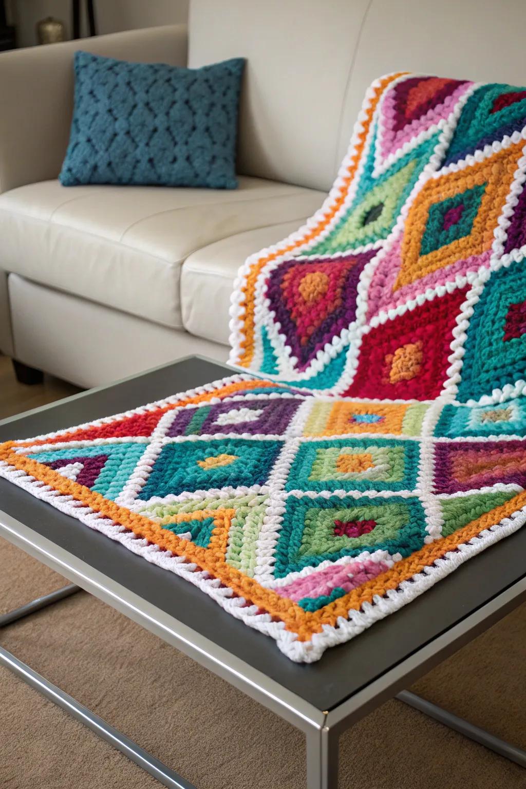 Geometric designs bring a modern twist to this crochet piece.