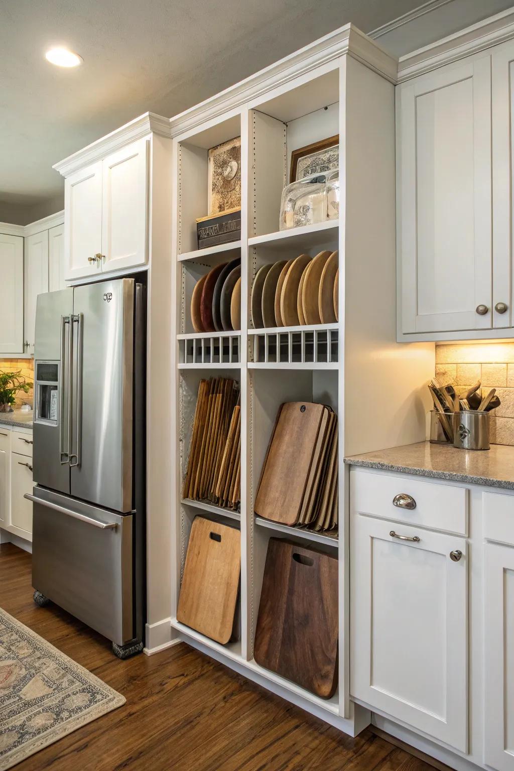 Vertical storage ensures trays and boards remain organized and accessible.