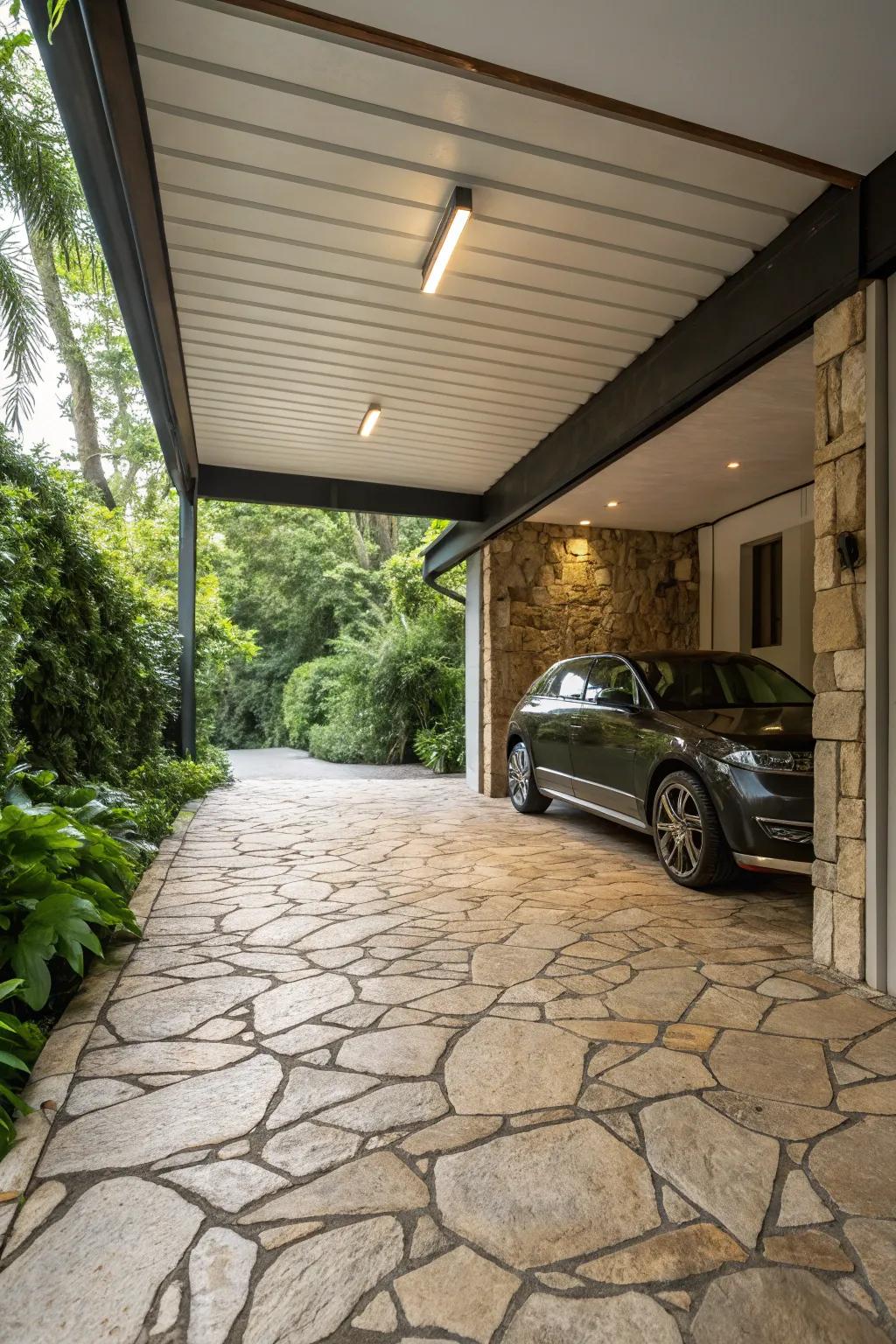 Stone pavers fashion a natural, harmonious carport setting.