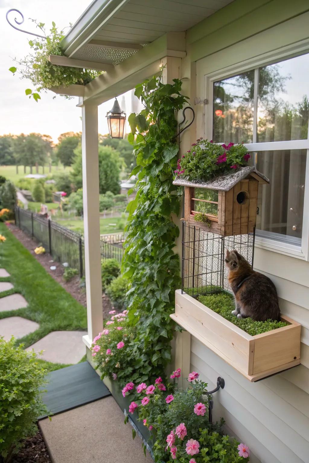 A window box catio delivering a protected outdoor experience for indoor cats.