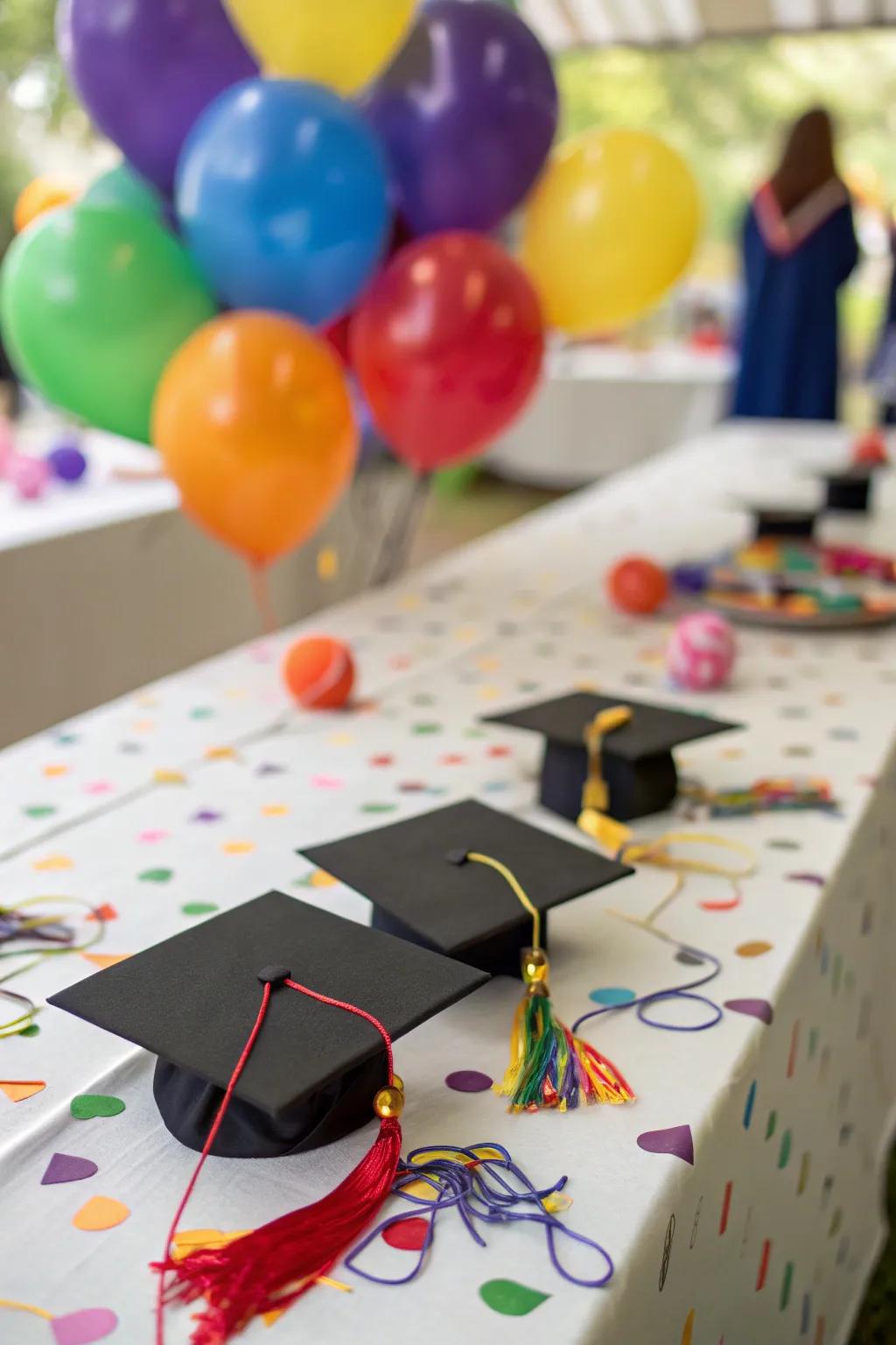 DIY graduation caps add a playful touch to the decor.