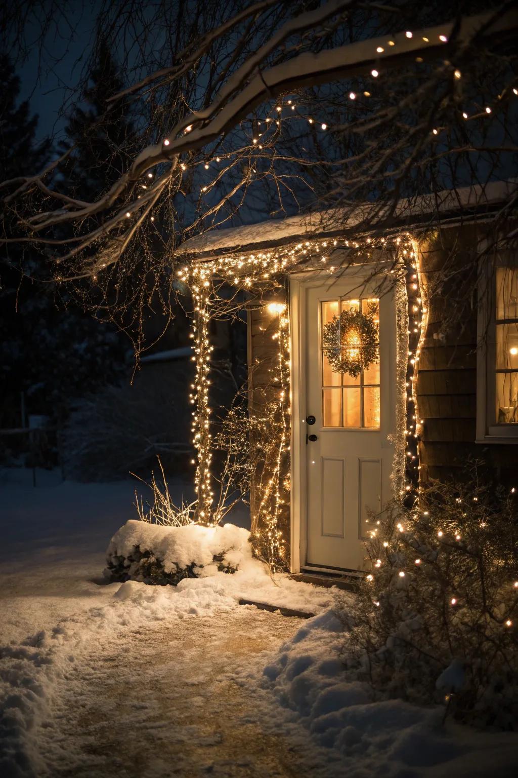 Twinkling lights cast a magical glow around this festive entryway.