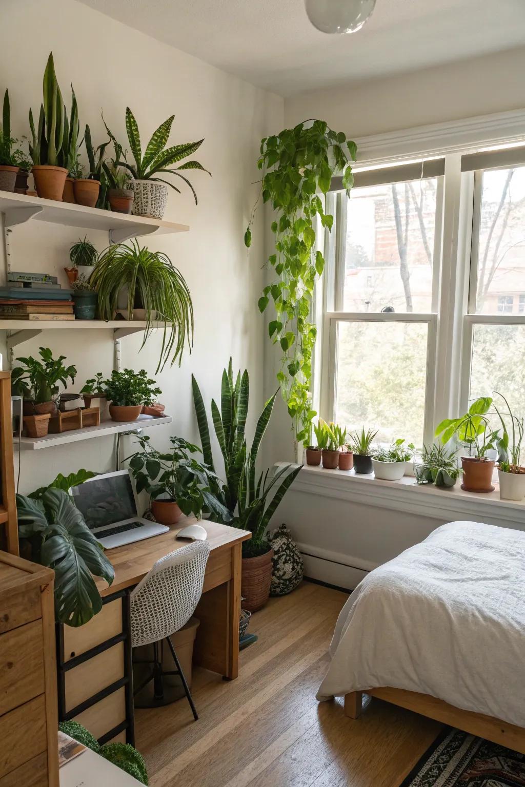 Indoor plants add freshness and life to a clean bedroom.