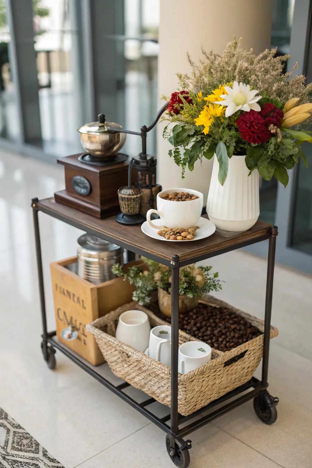 A mini cart makes for a flexible and practical coffee station.