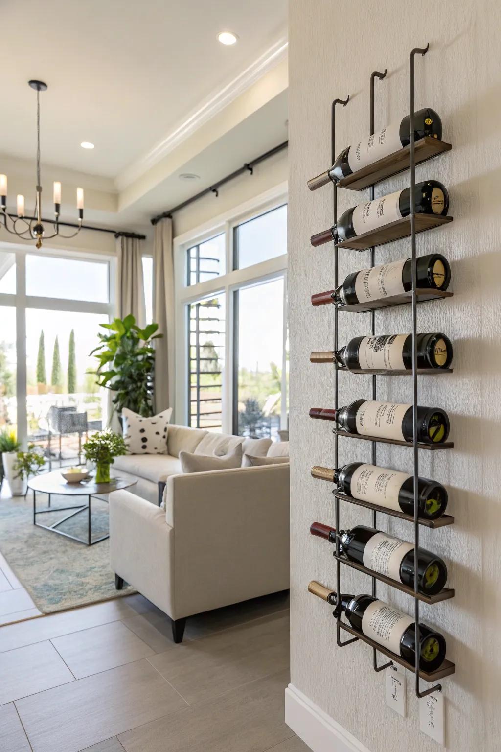 Suspended wine racks deliver a sleek, contemporary aesthetic.