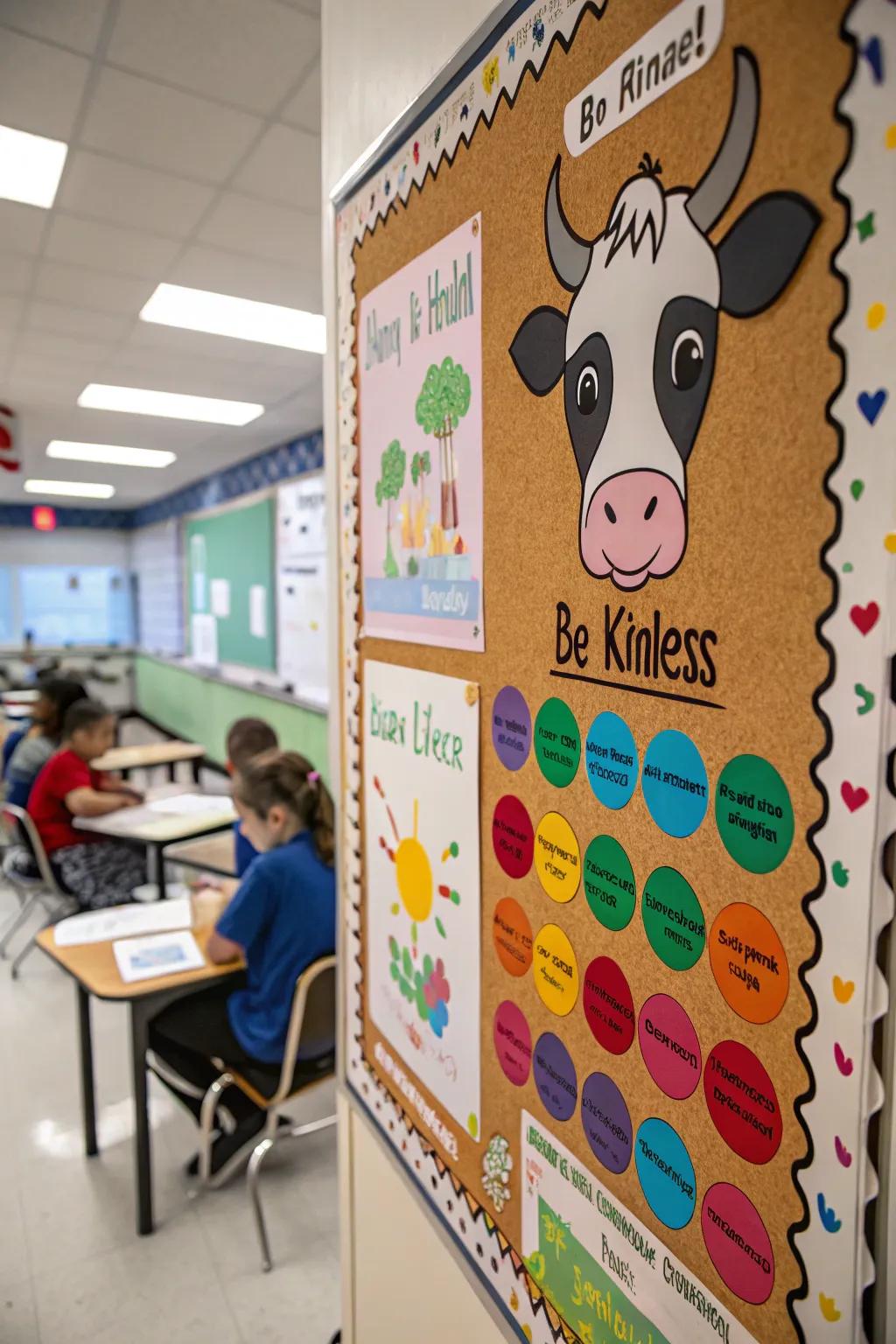 A 'Bovines of Benevolence' board encouraging positive behavior