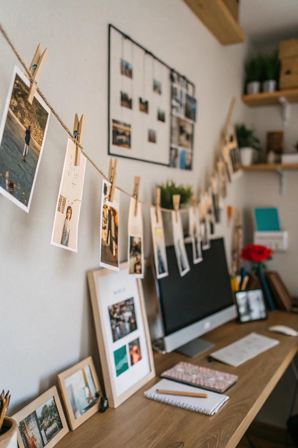 String and clips create a flexible and informal photo display.