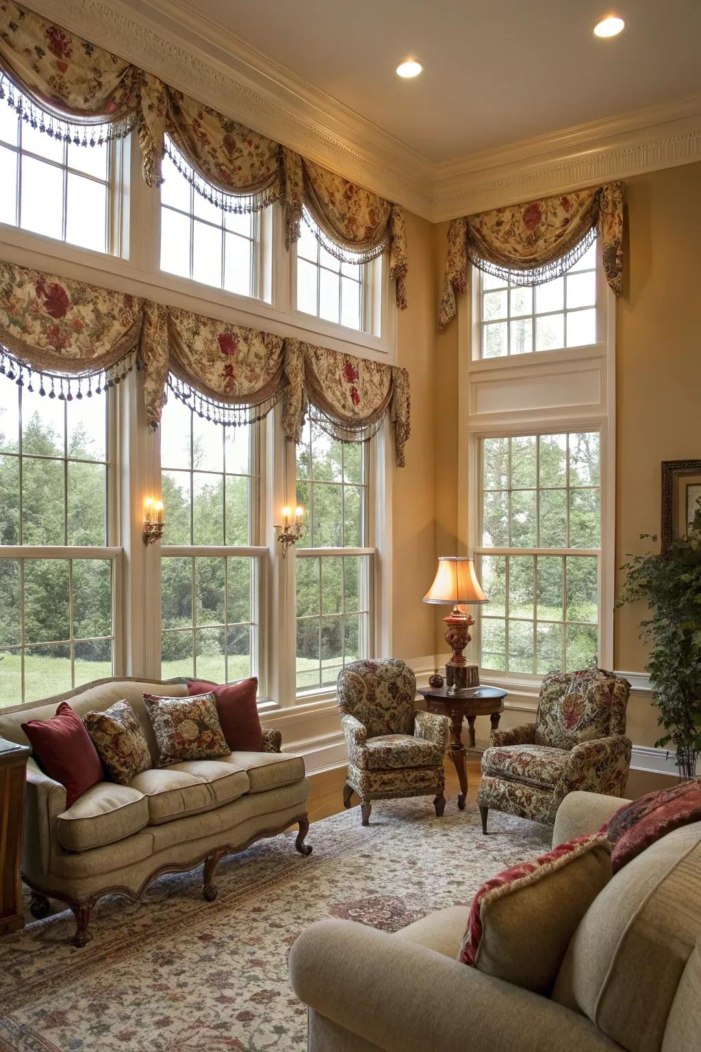Top treatments and cornices impart a decorative and polished accent to window dressings.