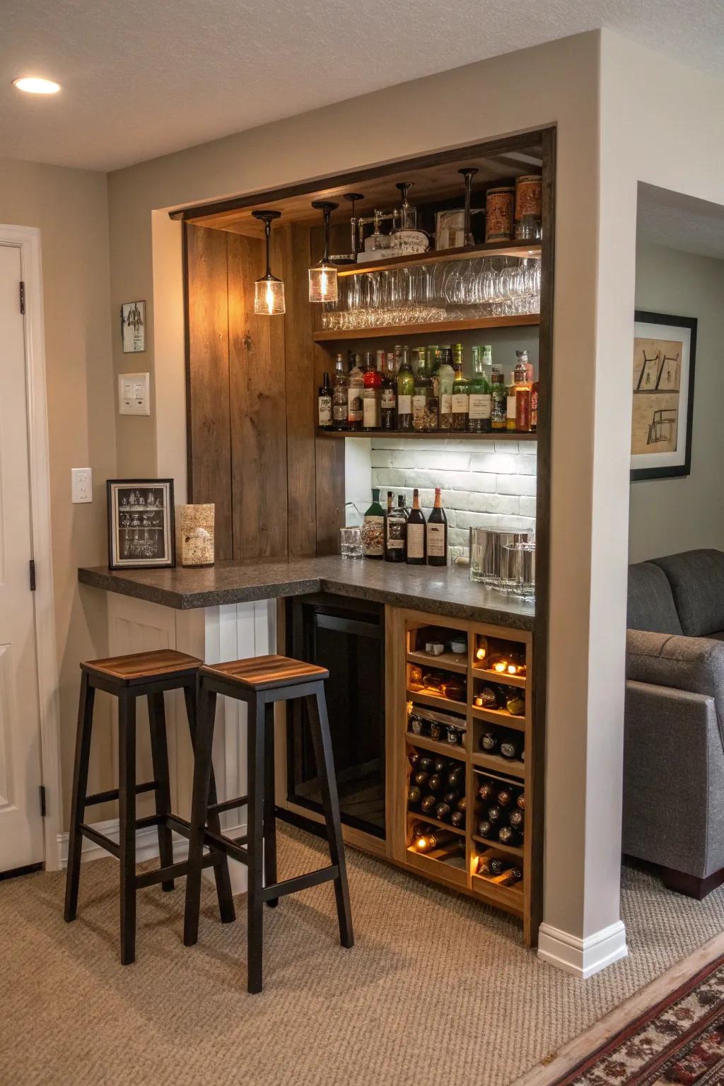 A compact home bar making efficient use of a small space.
