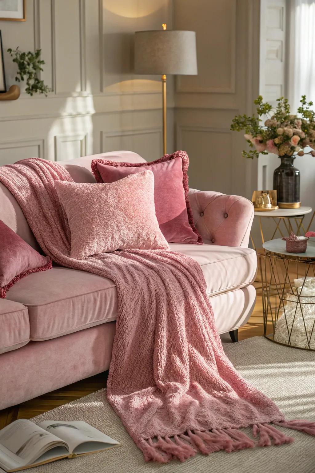 Plush pink textures bring warmth and elegance to the living room.