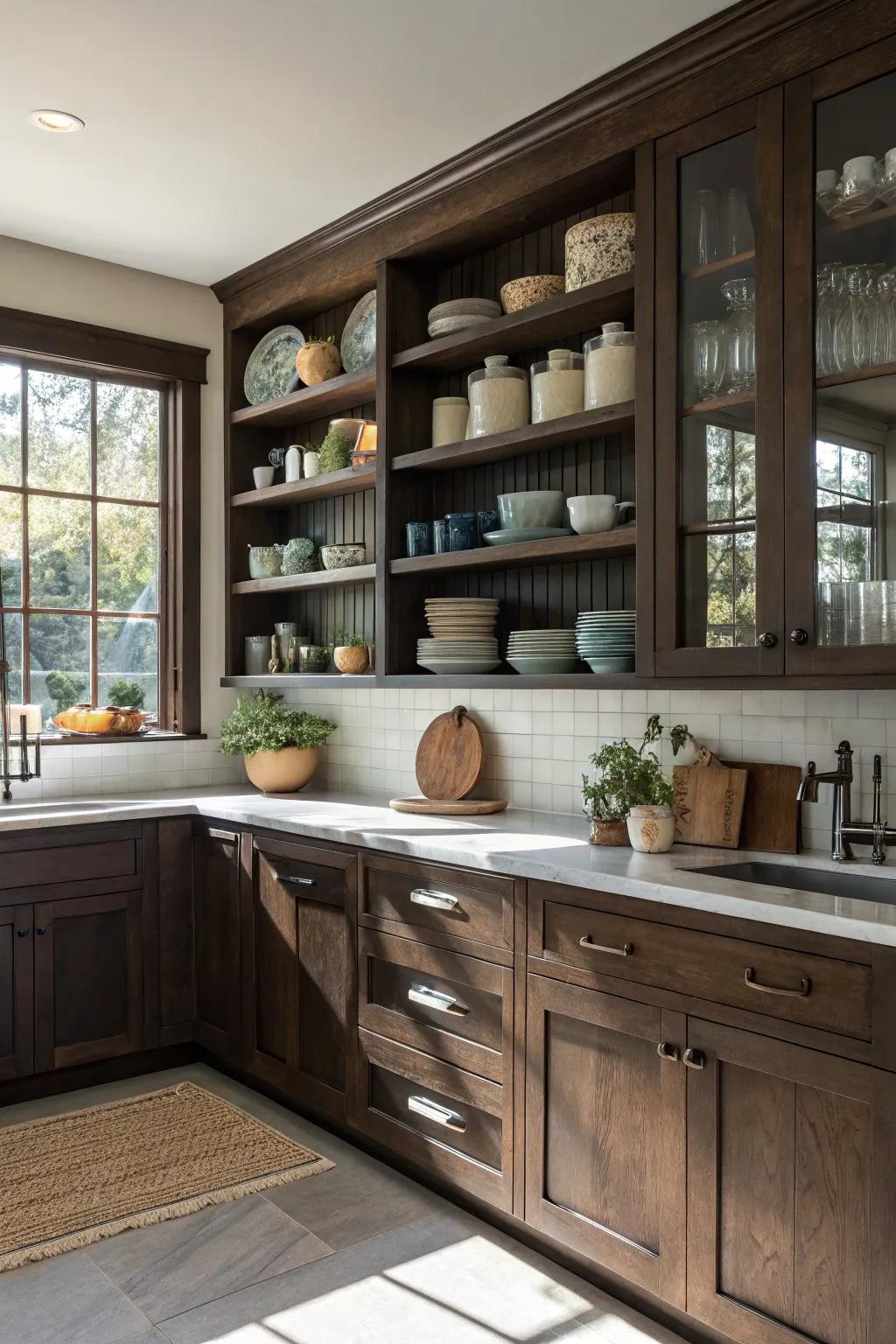 Open shelving complements dark cabinets, adding functionality and style.