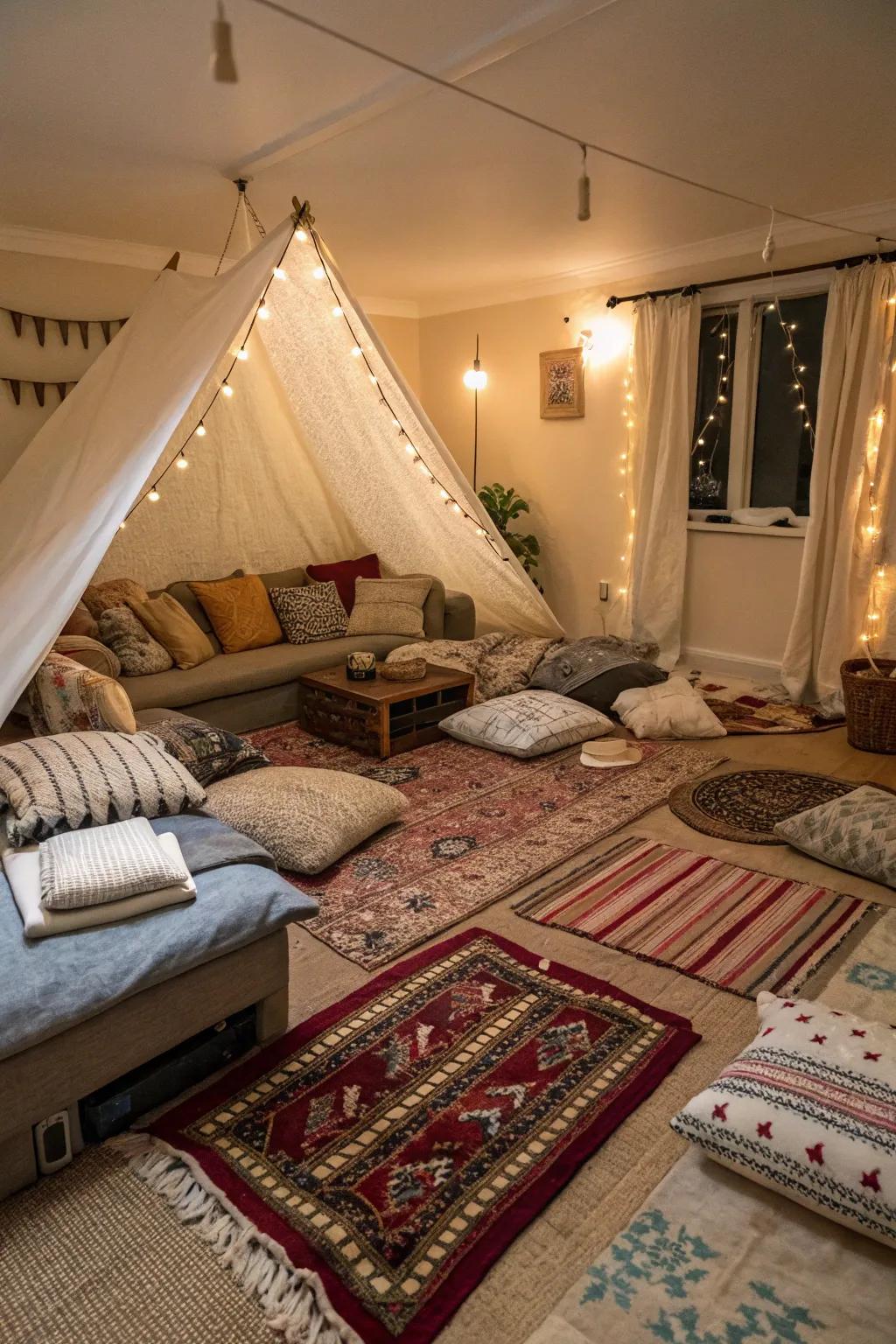 Arranged rugs and fabrics deepen coziness.