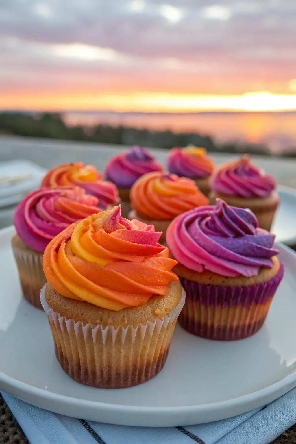 Cupcakes with sunset-colored frosting in gradients of orange, pink, and purple.