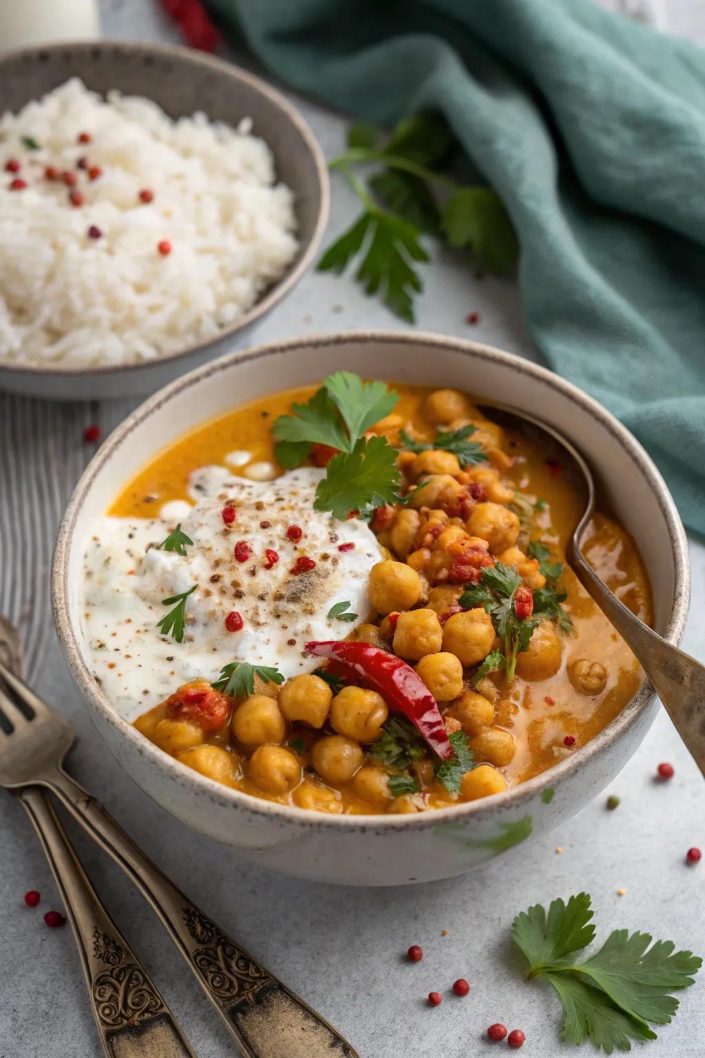 Chickpea curry served with rice, a flavorful plant-based meal.