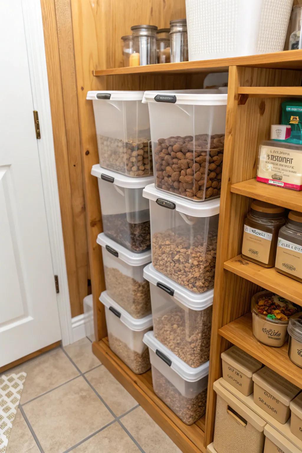 Large stackable bins with scoops offer a tidy solution for bulk dog food storage.