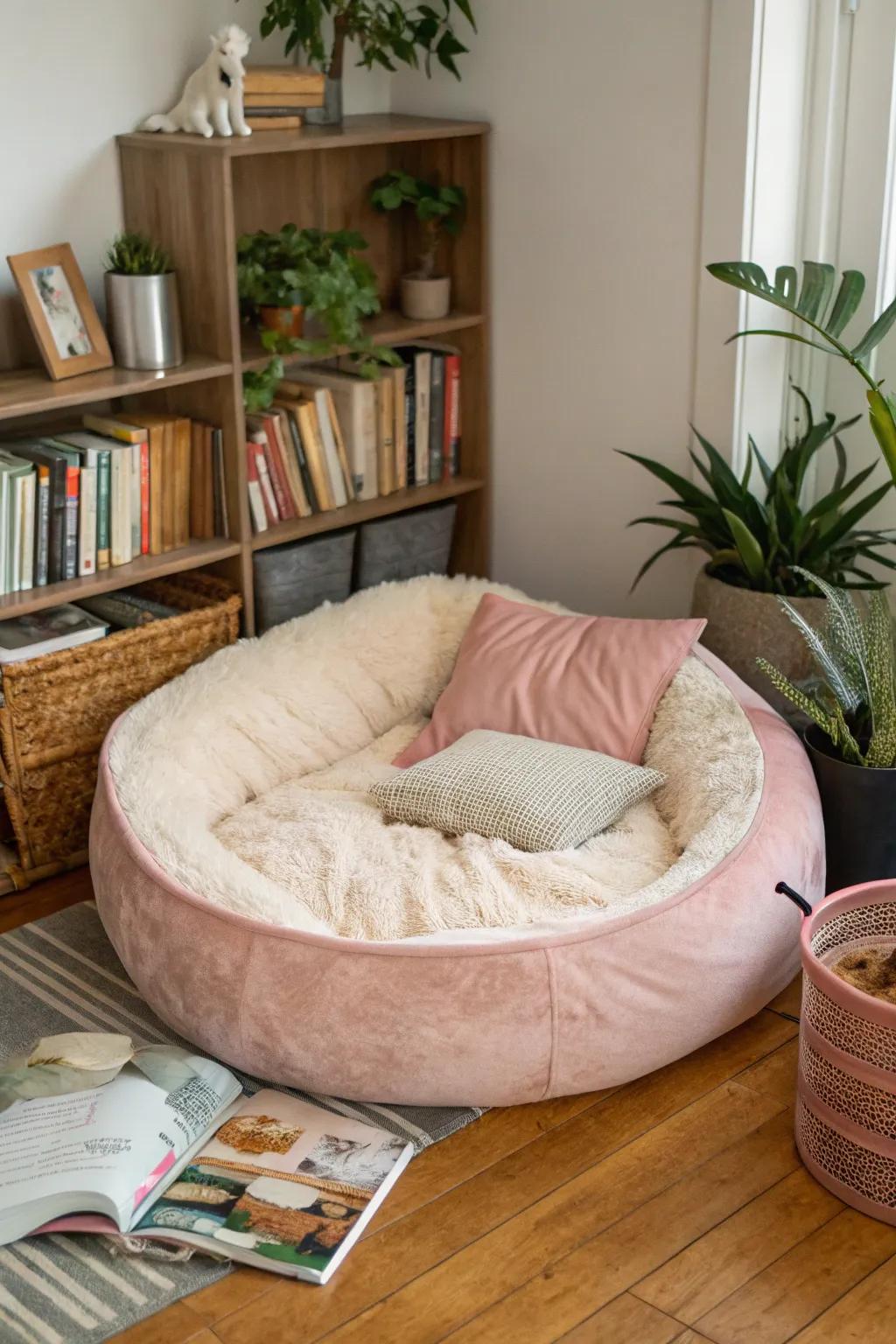 A plush dog bed featuring gentle cushions providing unparalleled comfort in a snug nook.