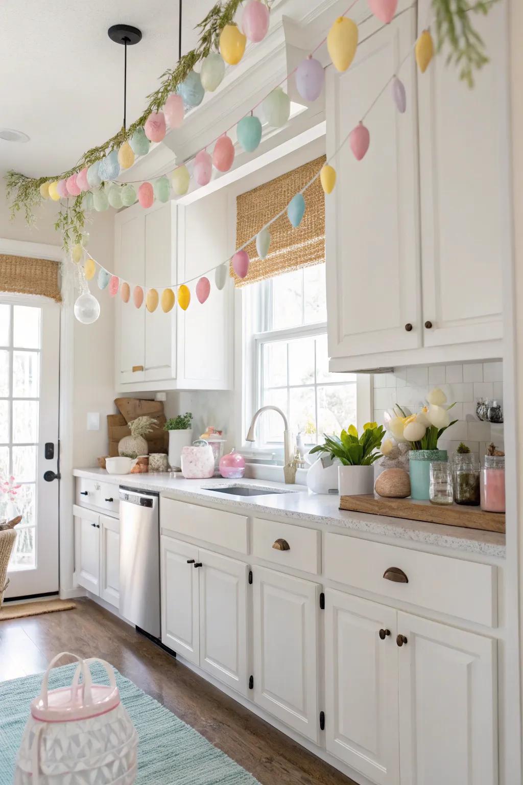 Light-toned garlands append a celebratory nuance above the kitchen cupboards.