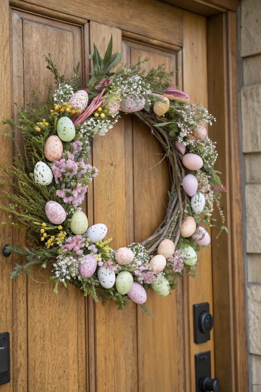 An elegant Easter wreath featuring pastel eggs and spring flowers, perfect for a subtle touch.