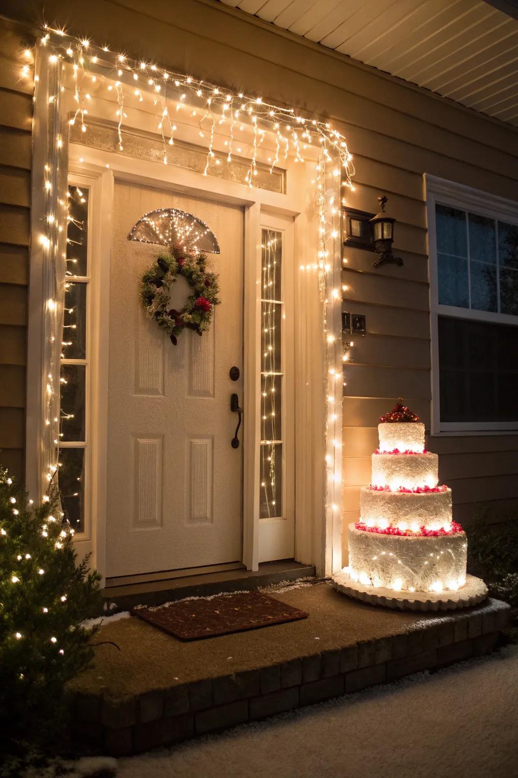 White string lights create a magical icing effect around the door.