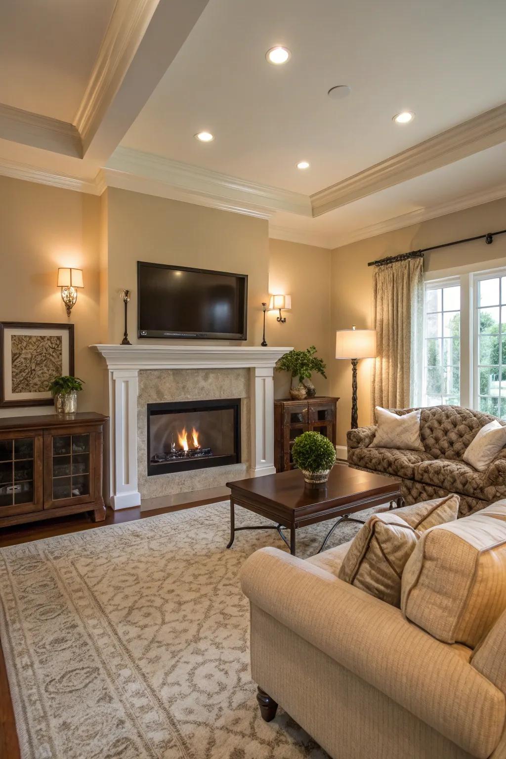 Neutral colors create a calm and elegant backdrop for your fireplace and TV.