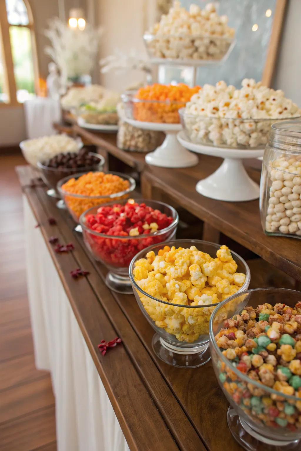 A variety of popcorn garnishes prettily displayed in small glass dishes for visitor customization.