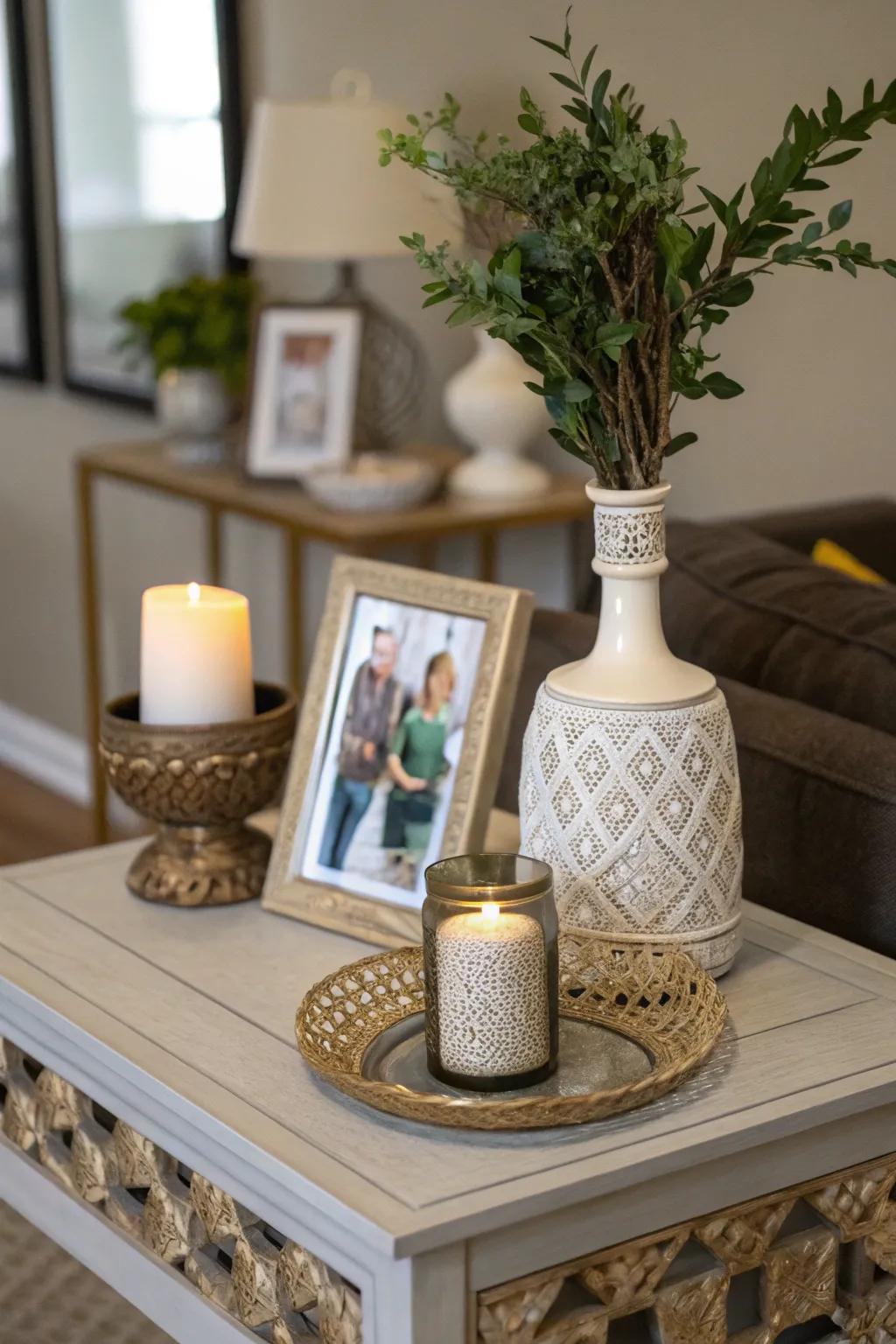 Personalize your space with framed photos on an end table.