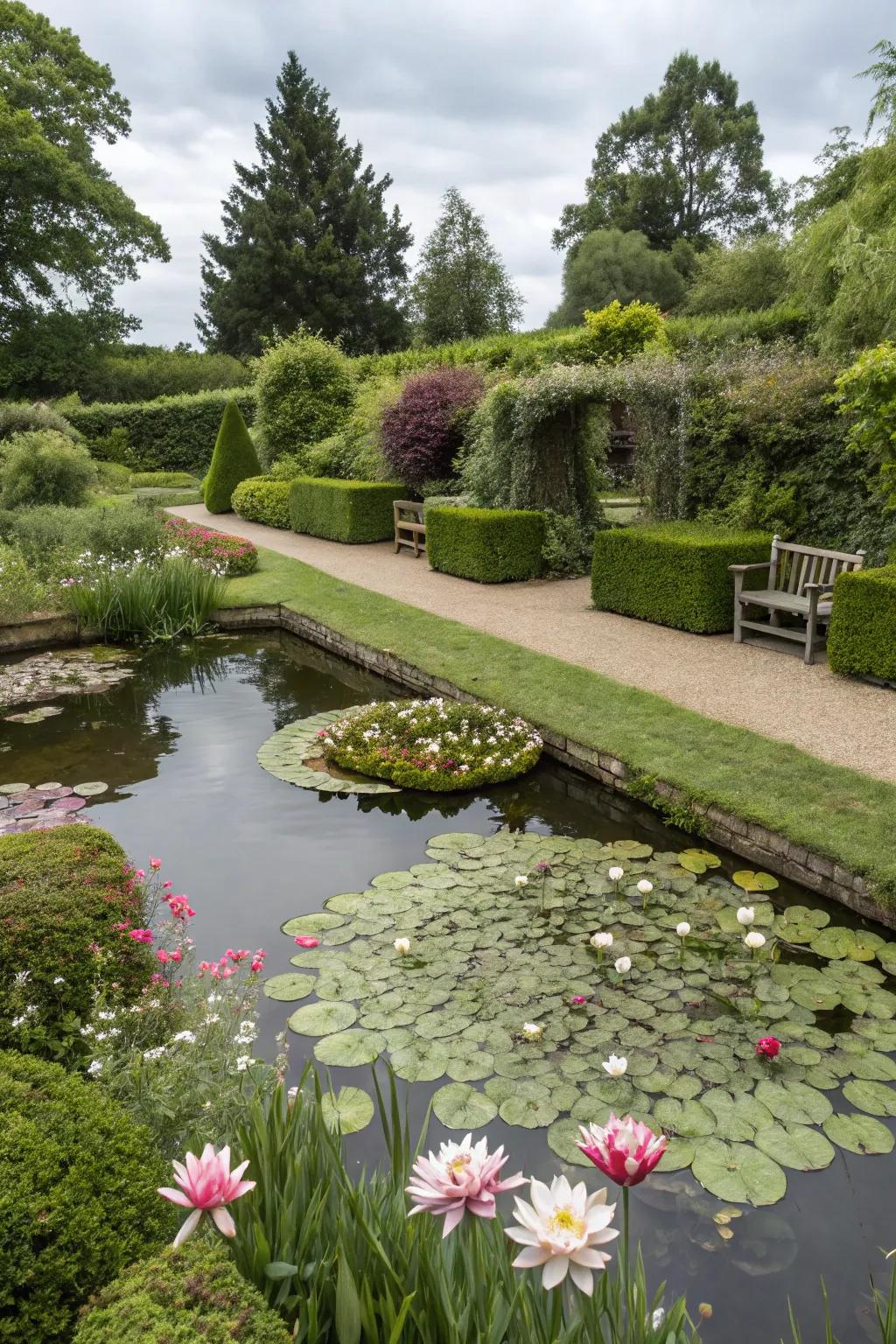 A serene pond enhancing the tranquility of the garden.