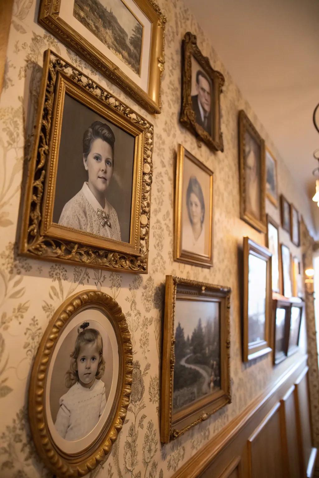 A vintage-themed gallery wall evokes nostalgia and timeless charm.