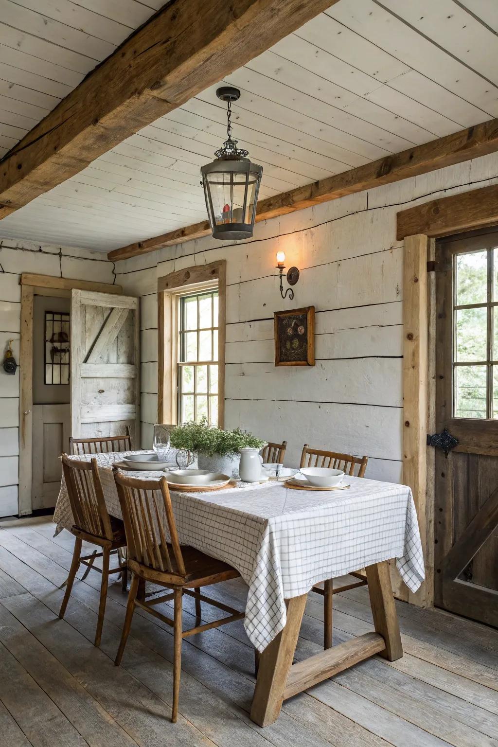 Shiplap walls bring a timeless farmhouse feel to this cozy dining room.