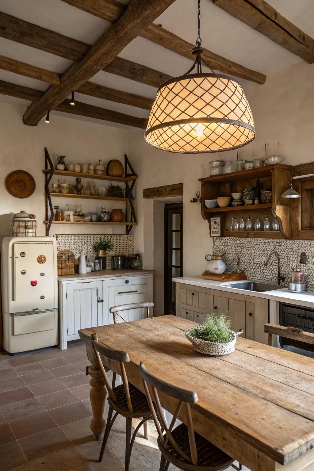 A statement pendant light illuminating a cozy farmhouse kitchen.