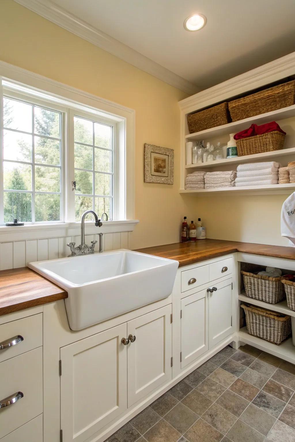 A farmhouse sink combines functionality with timeless design in this laundry room.