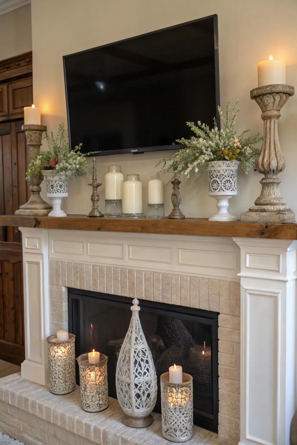 Farmhouse mantel with a TV above, enhanced by stylish vases and candlelight.