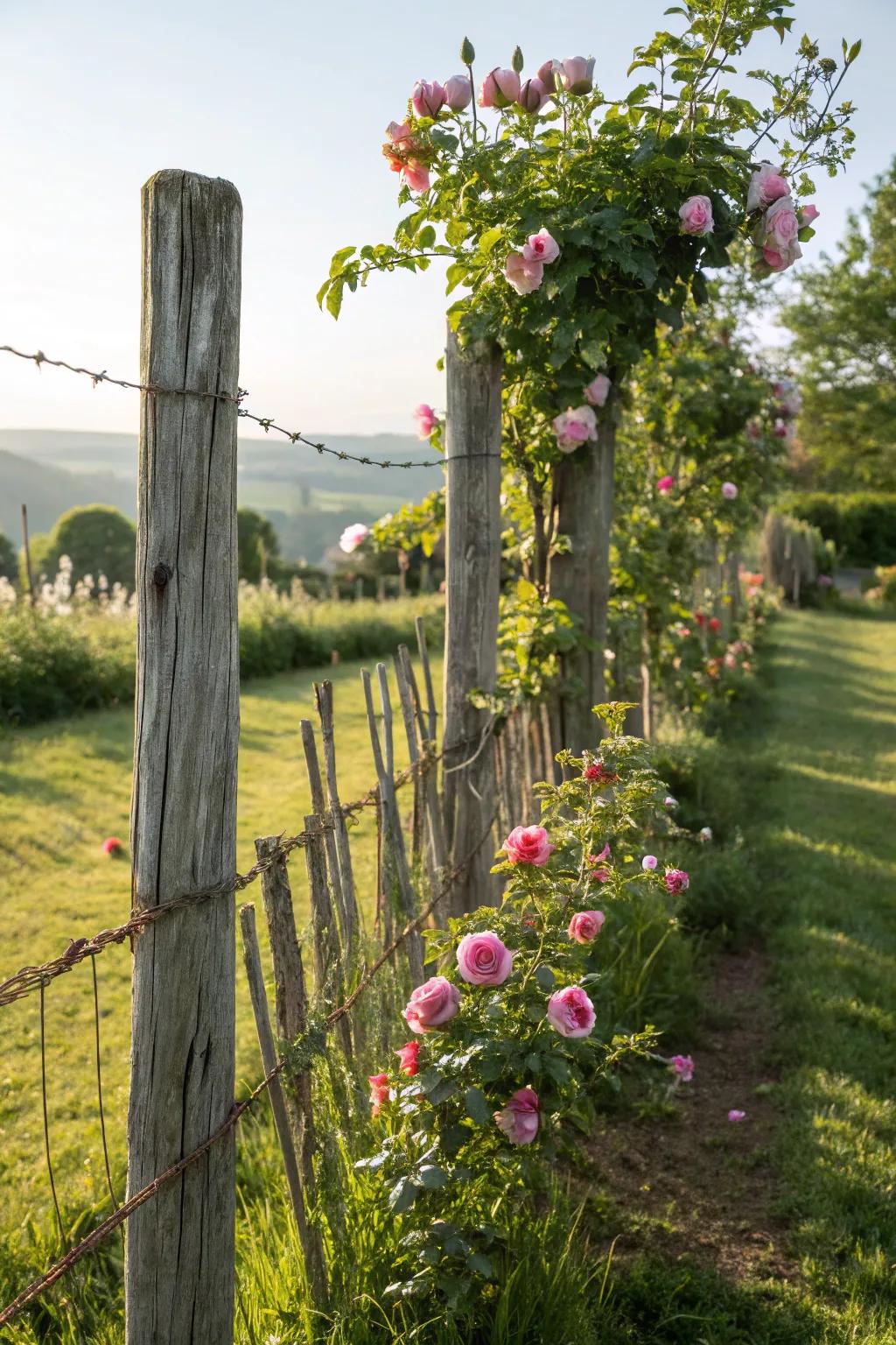 Rustic charm with a wire and wood fence combination.