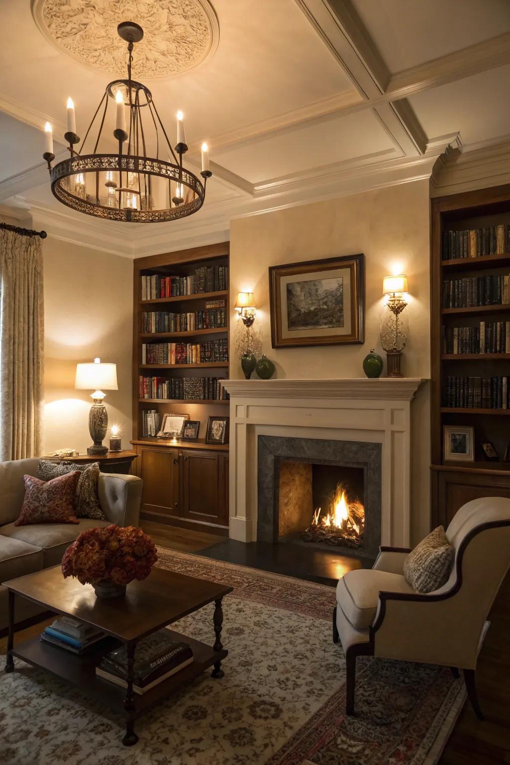 A living room featuring a fireside alcove, beautifully lit through a blend of lighting components.