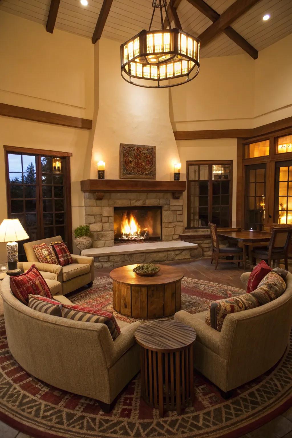 An inviting living room featuring a central fireplace and a circular seating layout.