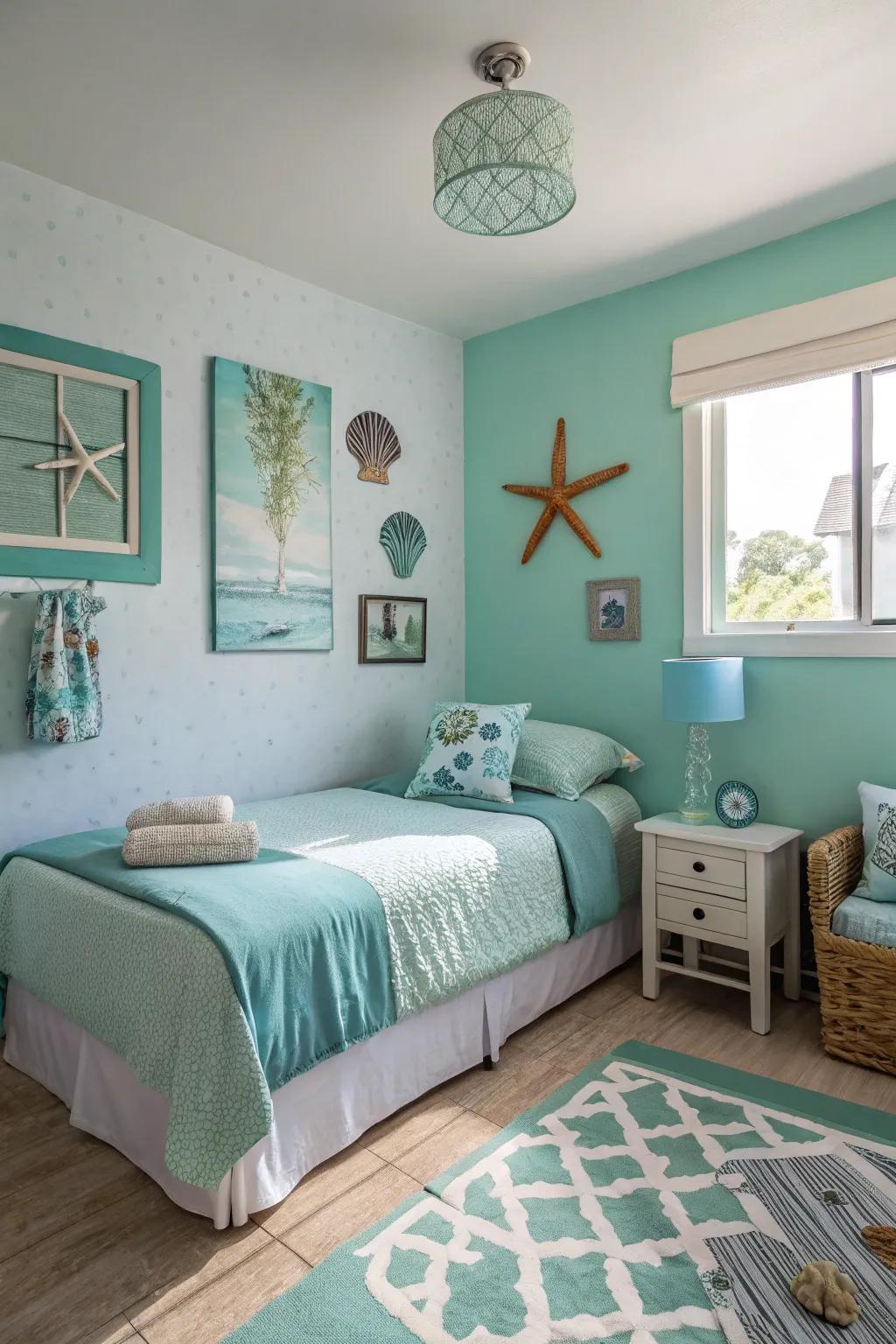 The senses are calmed and the fishing theme is enhanced by aquatic hues.