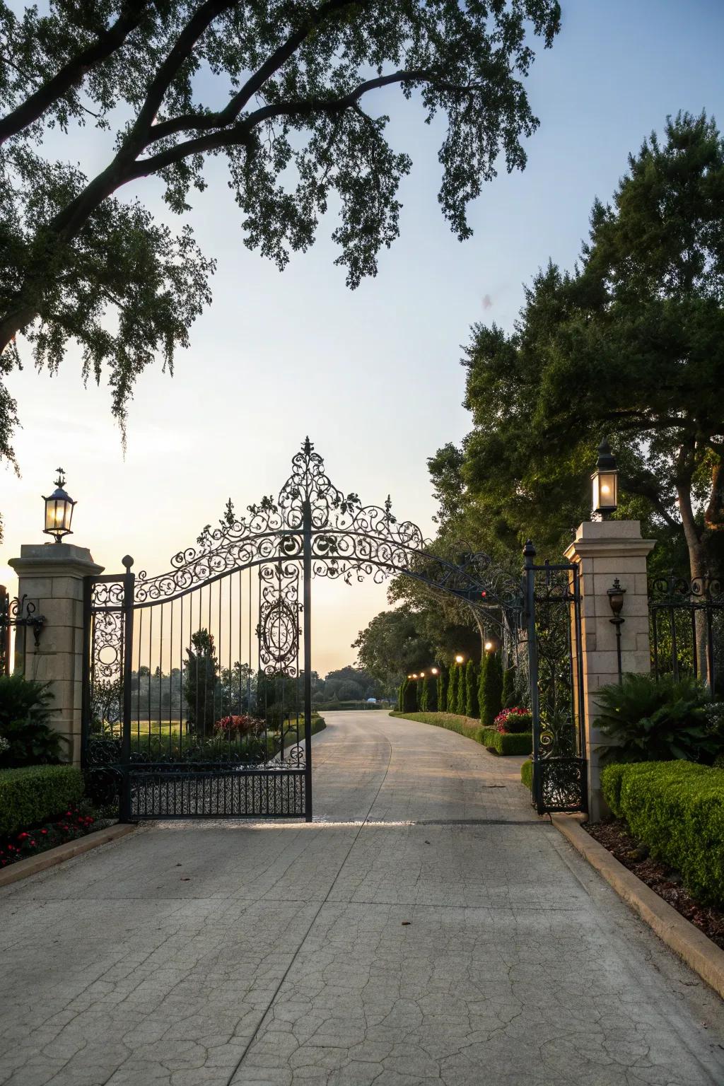An impressive entryway showcases an ornamental wrought iron gate that enhances the rear lot access.