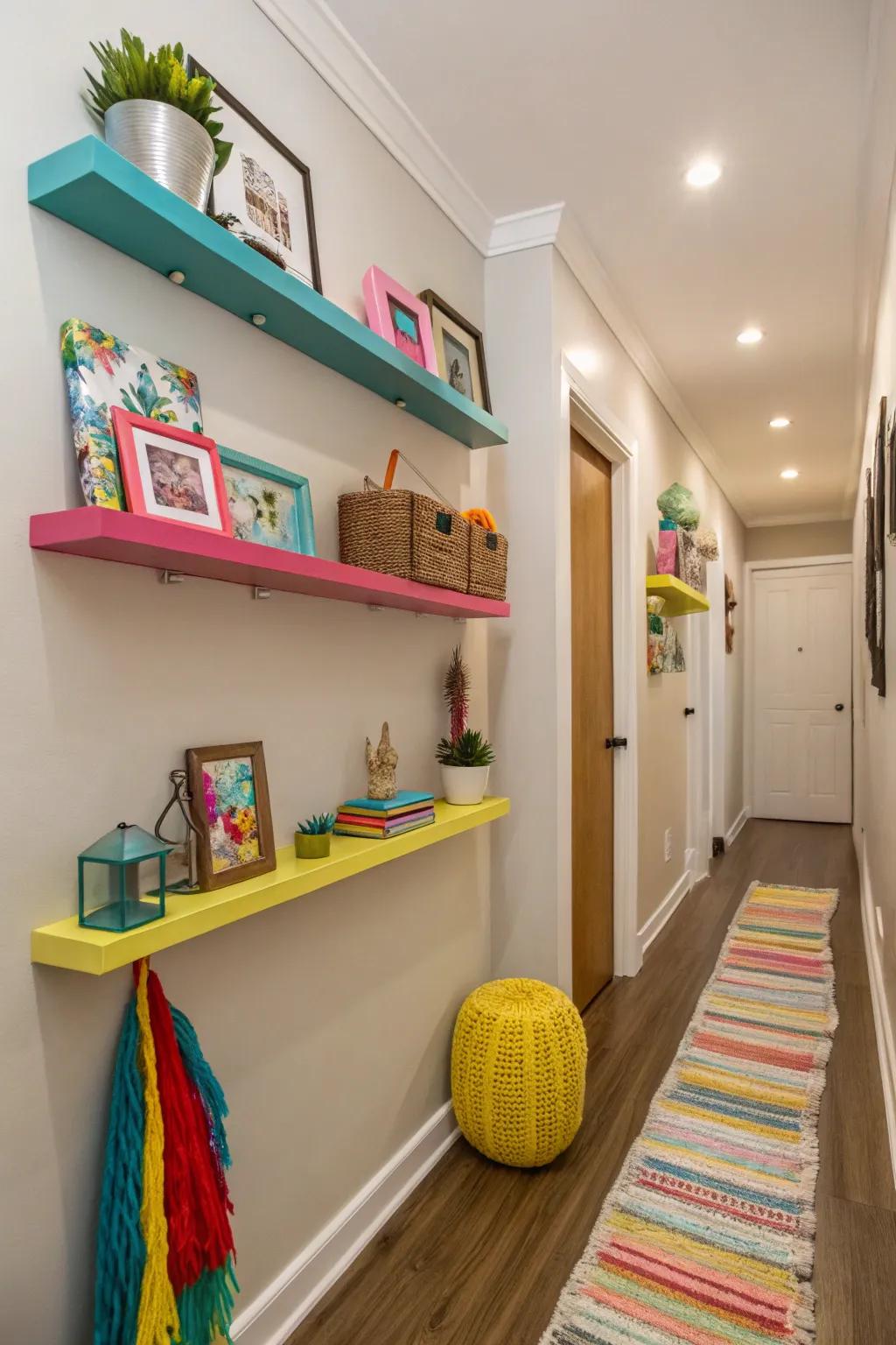 Unleash a burst of color with vibrant floating shelves.