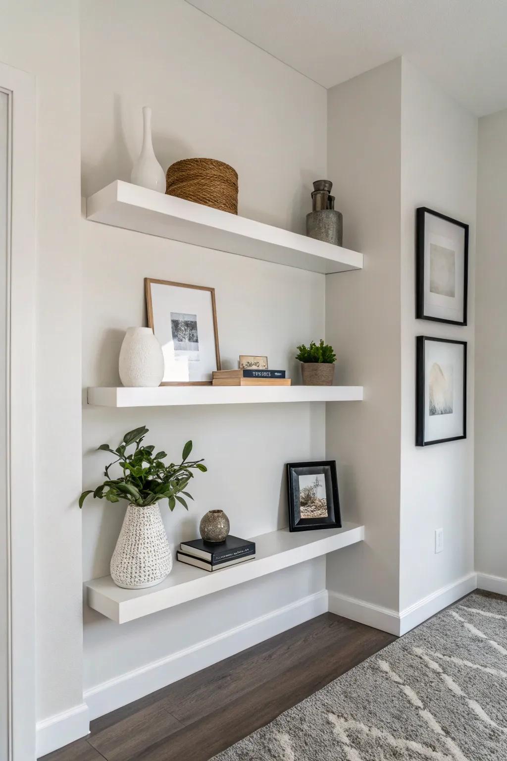 Minimalist floating shelves with a clean and uncluttered look.