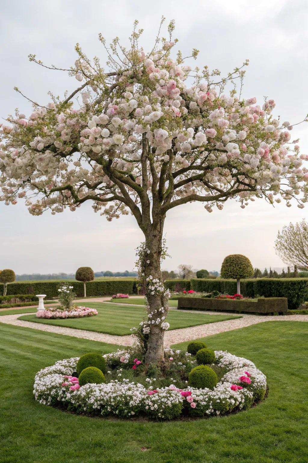 Symmetrically organized flowers impart balanced beauty to the base of this tree.