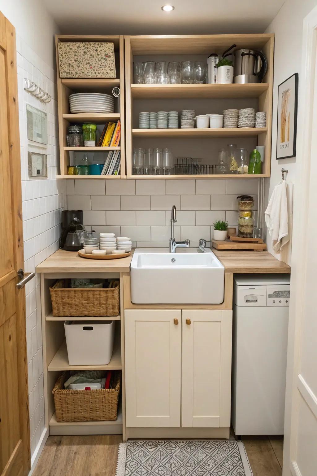 A compact kitchen setup with a space-saving free standing sink.