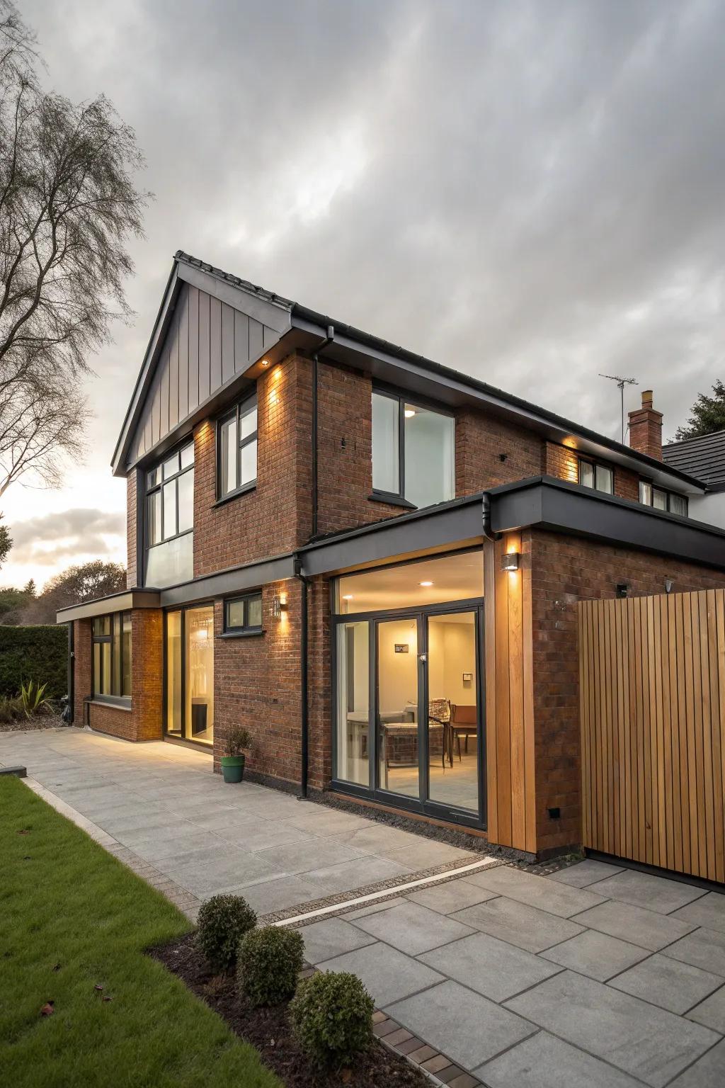 A contemporary dwelling with a front extension utilizing assorted materials to enhance character.