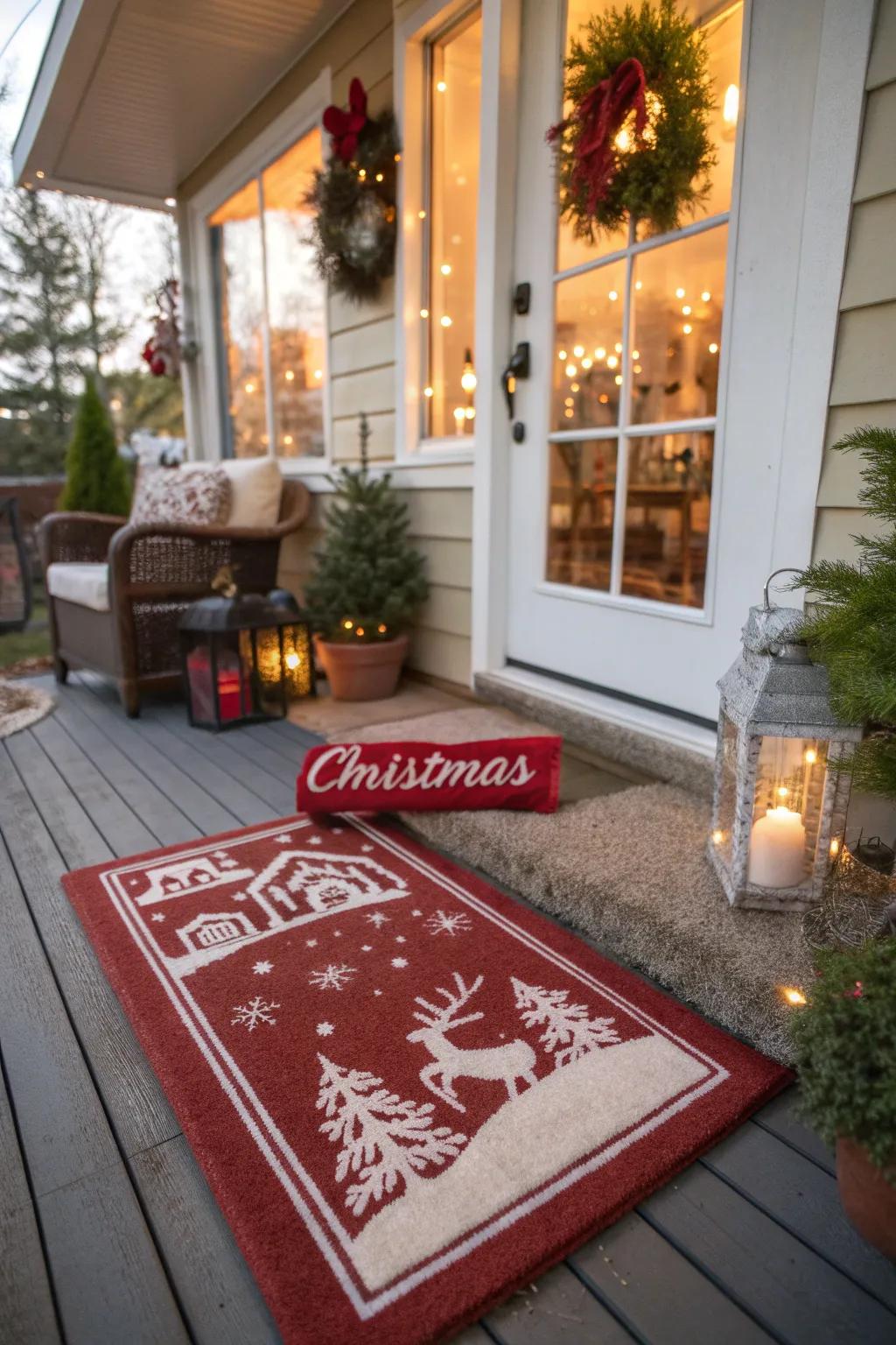 A seasonal doormat welcomes guests with festive cheer.