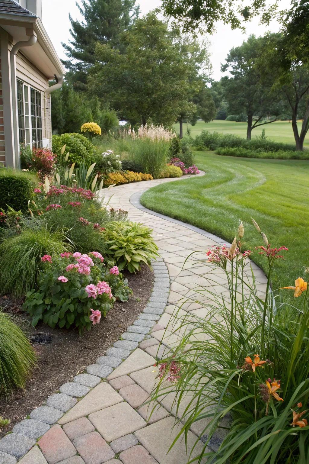 A charming curved pathway leading through a corner garden.