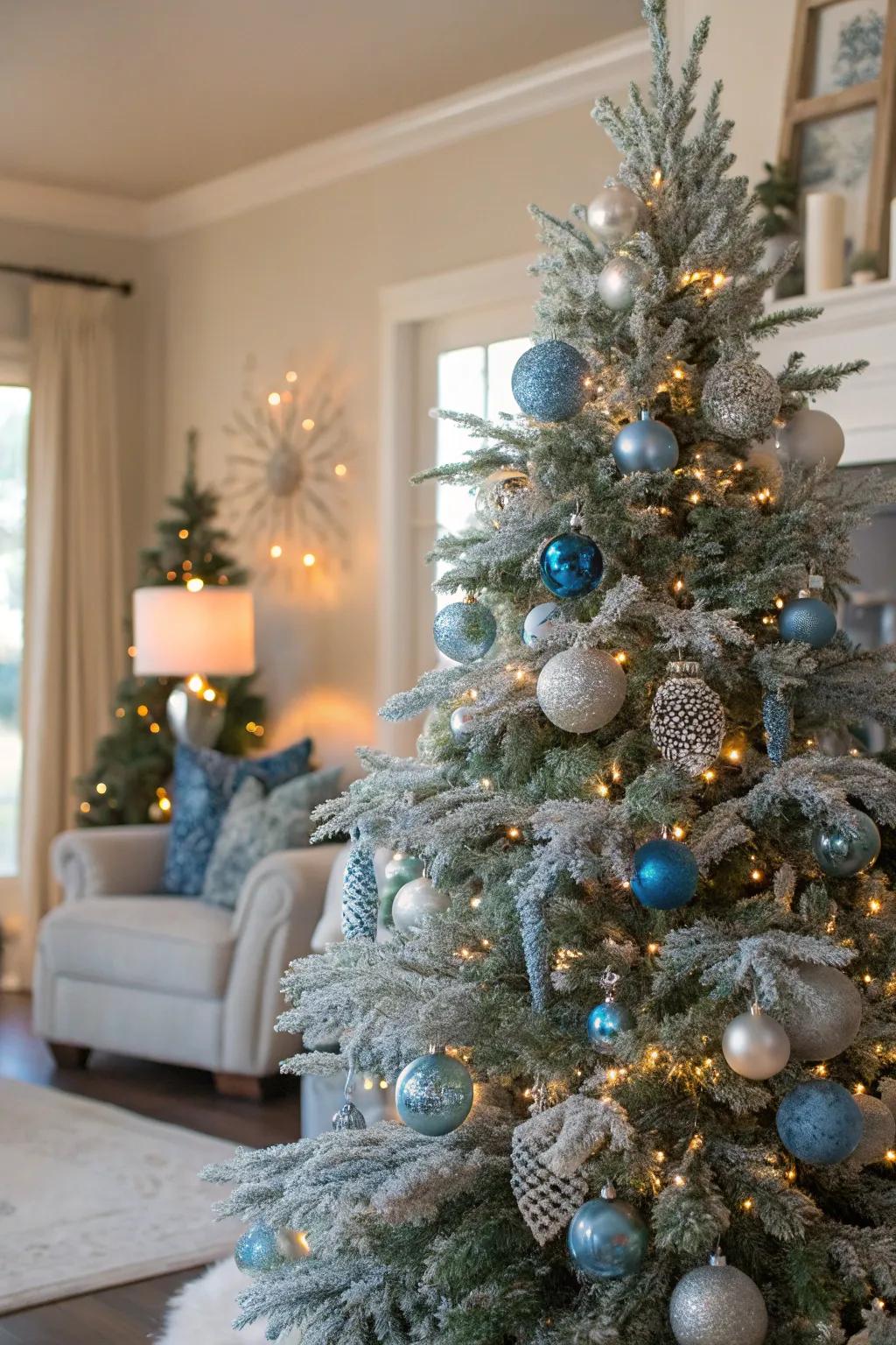 Blue and silver decorations bring an icy touch to this frosted tree.